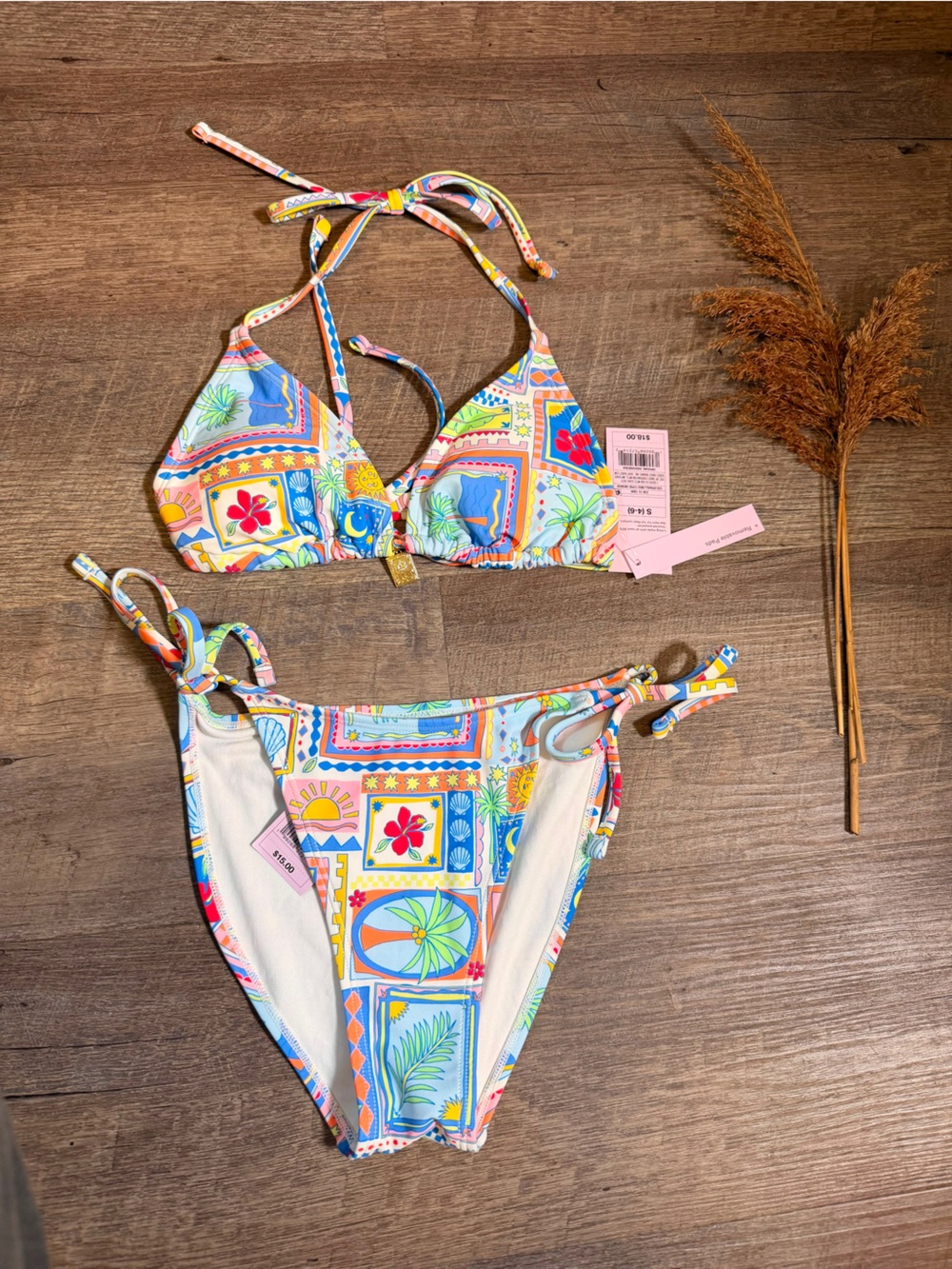 Shade & Shore Multicolor Tile-Print Tie Bikini in Blue, Pink, Yellow, Green